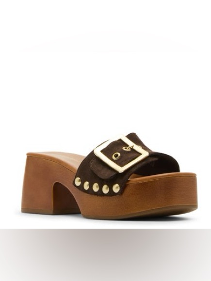 Madden Girl Brown Suede Platform Slide With Gold Buckle